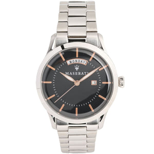 Maserati watch with black dial and silver metal strap on a white background
