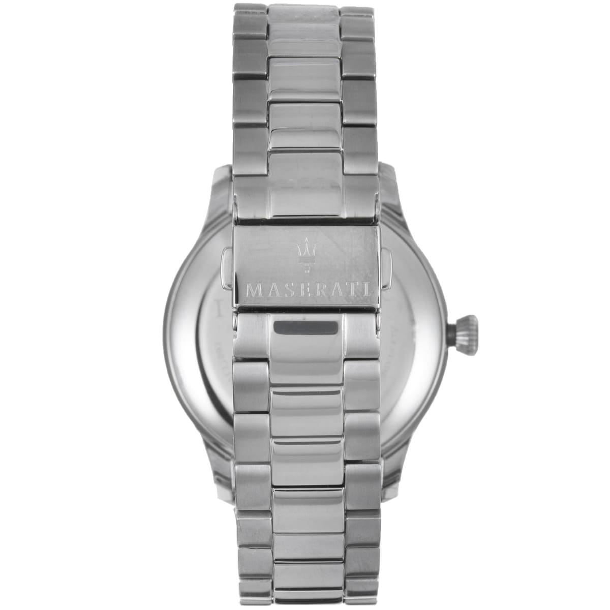 Caseback of Maserati Tradizione R8853125002 men's quartz battery watch showing technical specs 50m water resistance and metal bracelet