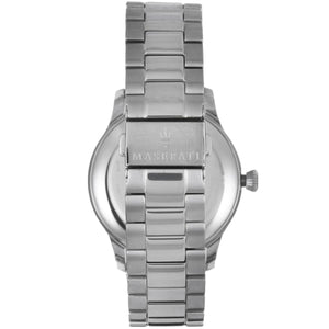 Caseback of Maserati Tradizione R8853125002 men's quartz battery watch showing technical specs 50m water resistance and metal bracelet
