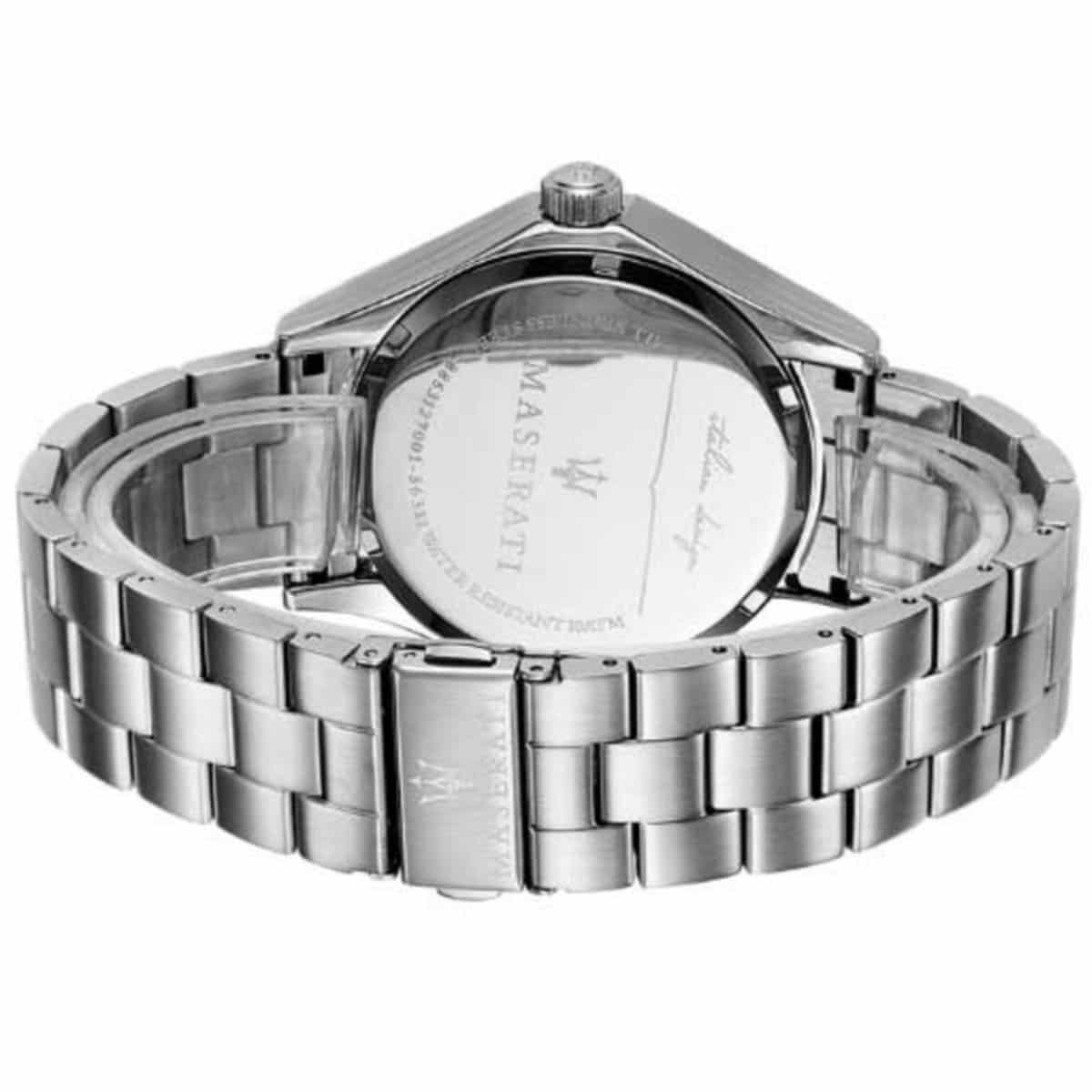 Caseback of Maserati Circuito R8853127001 men's quartz battery watch showing technical specs 100m water resistance and metal bracelet