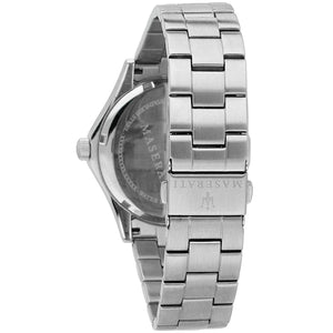 Silver-tone deployment clasp on Maserati Circuito R8853127001 men's quartz battery silver metal bracelet watch
