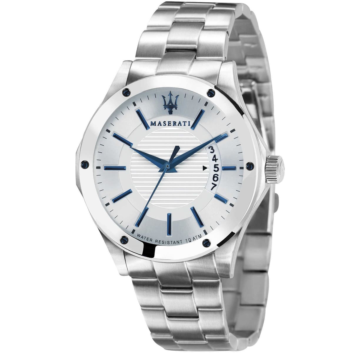Maserati Circuito R8853127001 men's quartz battery watch with silver linear textured dial, blue-tone markers, vertical date window, silver-tone case and bracelet main view
