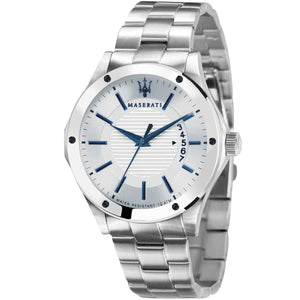 Maserati Circuito R8853127001 men's quartz battery watch with silver linear textured dial, blue-tone markers, vertical date window, silver-tone case and bracelet main view