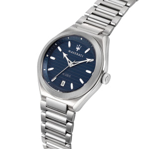 Right angled view of Maserati Triconic R8853139002 men's quartz battery watch highlighting silver finish and horizontal dial details
