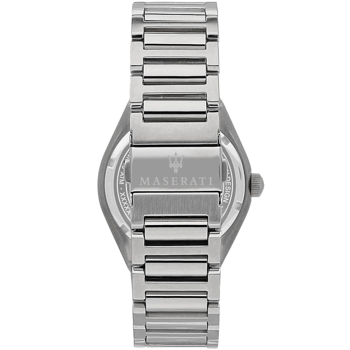Silver-tone deployment clasp on Maserati Triconic R8853139002 men's quartz battery silver metal bracelet watch