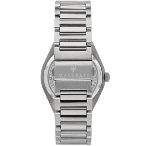 Silver-tone deployment clasp on Maserati Triconic R8853139002 men's quartz battery silver metal bracelet watch