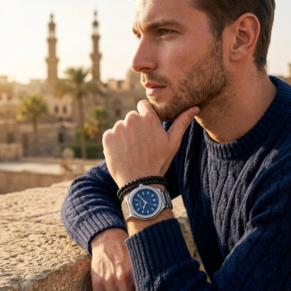 Elegant man wearing Maserati Triconic R8853139002 men's quartz battery watch with silver case and luxury blue striped dial