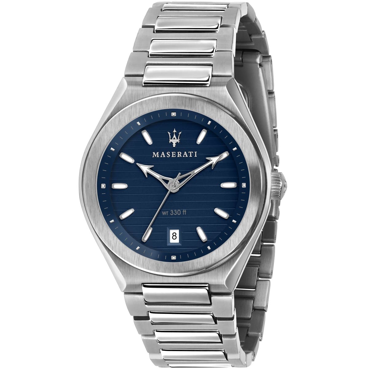 Maserati Triconic R8853139002 men's quartz battery watch with blue horizontal striped dial, silver-tone case and stainless steel bracelet main view