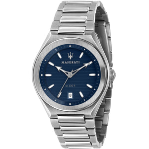 Maserati Triconic R8853139002 men's quartz battery watch with blue horizontal striped dial, silver-tone case and stainless steel bracelet main view