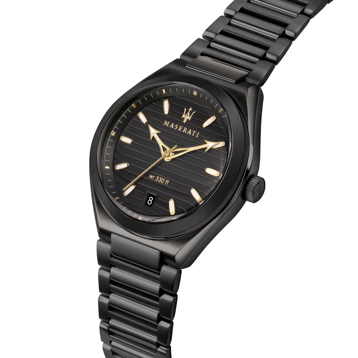 Right angled view of Maserati Triconic R8853139004 men's quartz battery watch highlighting black finish and gold-tone marker details