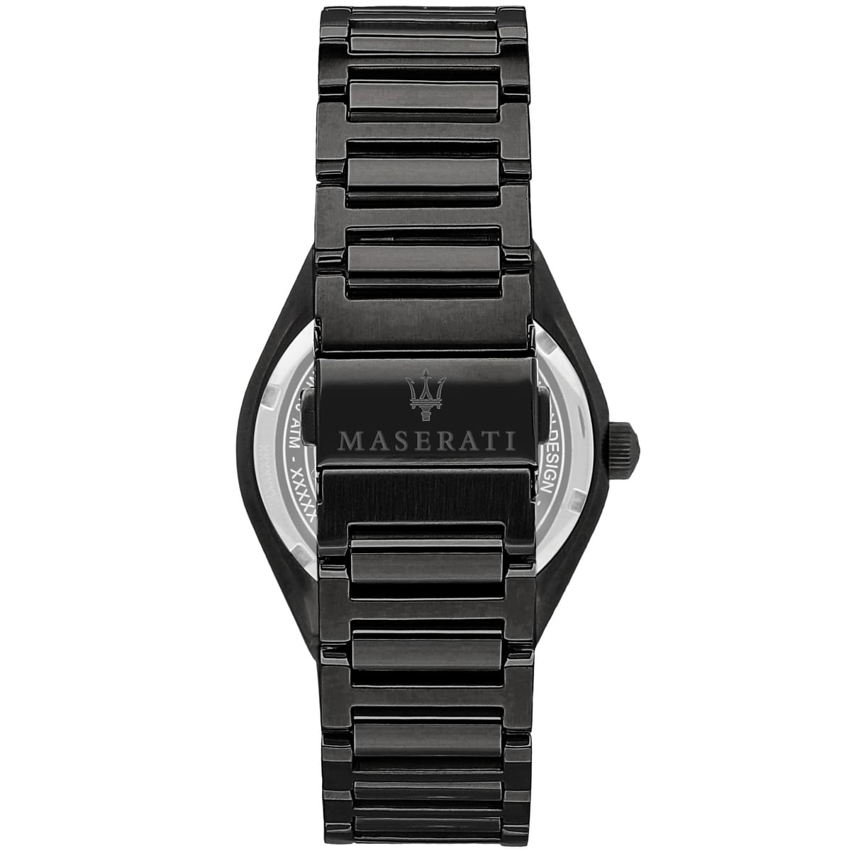 Black-tone deployment clasp on Maserati Triconic R8853139004 men's quartz battery black metal bracelet watch