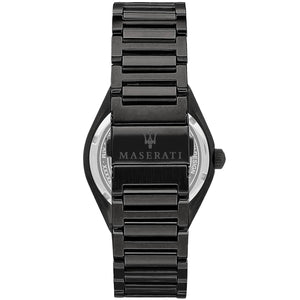 Black-tone deployment clasp on Maserati Triconic R8853139004 men's quartz battery black metal bracelet watch