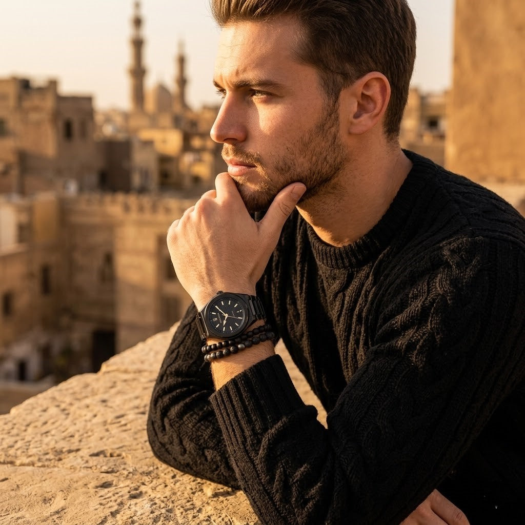 Elegant man wearing Maserati Triconic R8853139004 men's quartz battery watch with black case and luxury gold accented dial