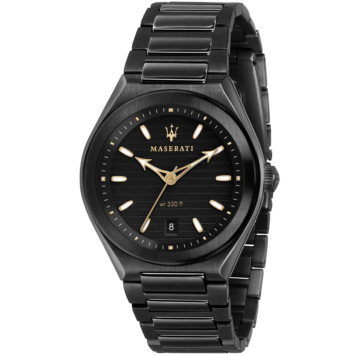 Maserati Triconic R8853139004 men's quartz battery watch with black horizontal striped dial, gold-tone accents, all-black PVD case and bracelet main view