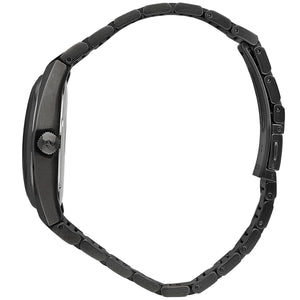 Side profile of Maserati Triconic R8853139004 men's quartz battery watch showing 11mm thickness and black PVD finish