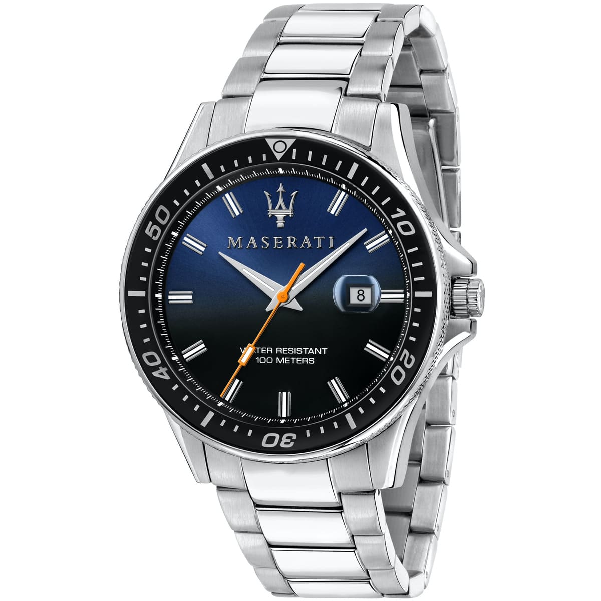 Maserati Sfida R8853140001 men's quartz battery watch with blue and black gradient dial, silver-tone case, black diver bezel, silver stainless steel bracelet main view