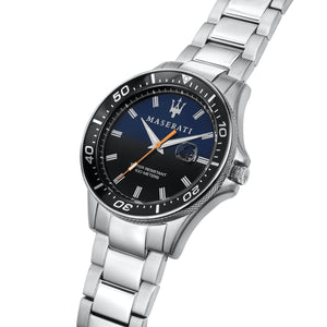 Left angled view of Maserati Sfida R8853140001 men's quartz battery watch showing silver stainless steel bracelet and case profile