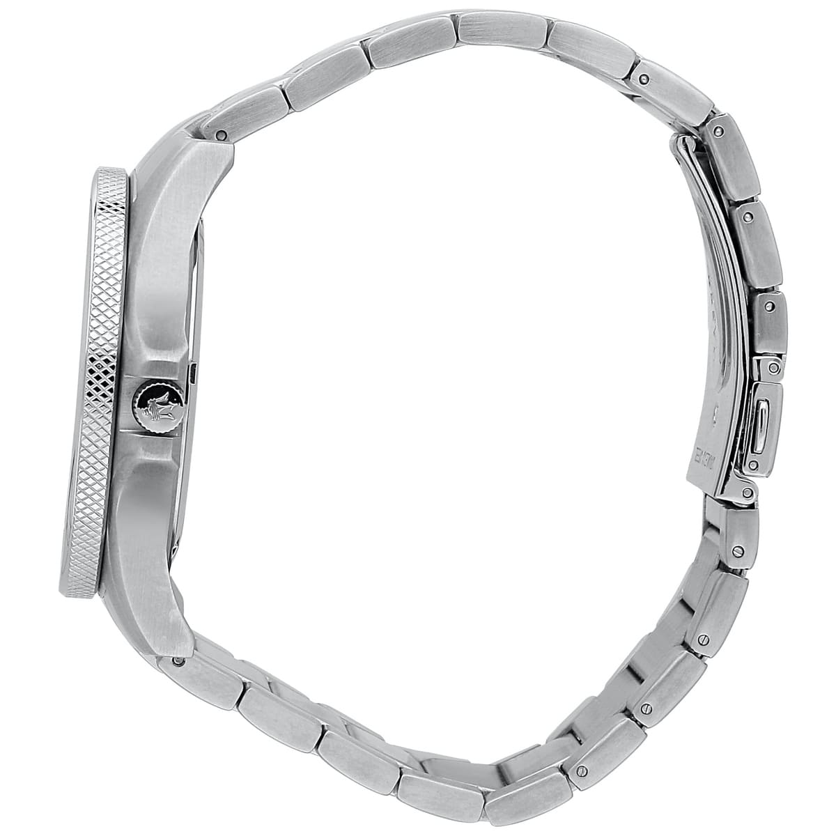 Side profile of Maserati Sfida R8853140001 men's quartz battery watch showing 11mm thickness and silver finish