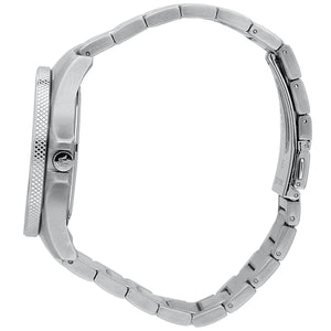 Side profile of Maserati Sfida R8853140001 men's quartz battery watch showing 11mm thickness and silver finish