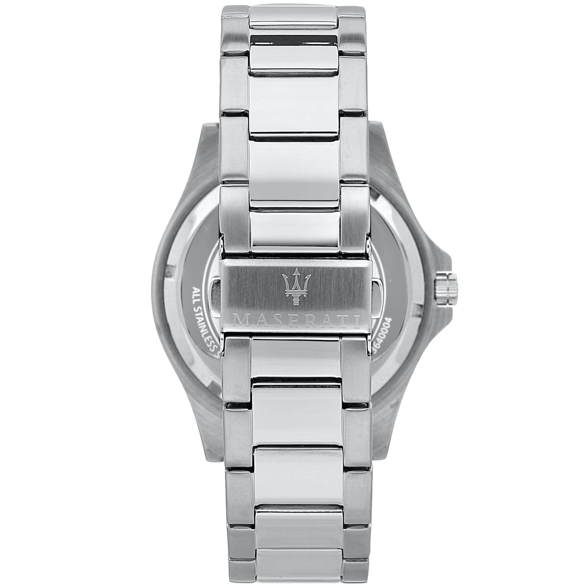 Caseback of Maserati Sfida R8853140001 men's quartz battery watch showing technical specs 100m water resistance and metal bracelet