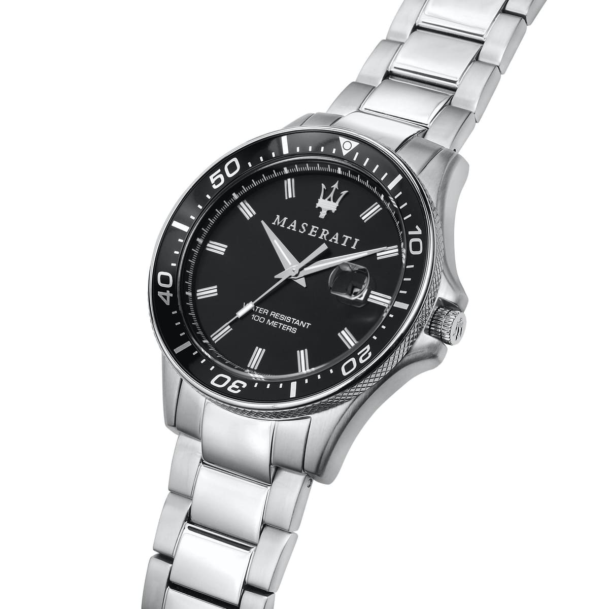 Right angled view of Maserati Sfida R8853140002 men's quartz battery watch highlighting rotating bezel and date magnifier details
