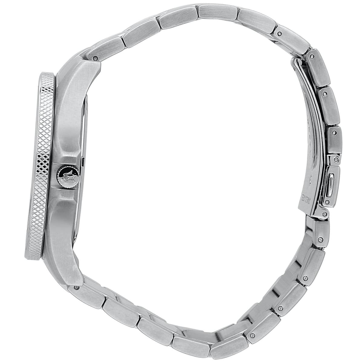 Detailed view of silver-tone textured crown on Maserati Sfida R8853140002 men's quartz battery watch with black dial
