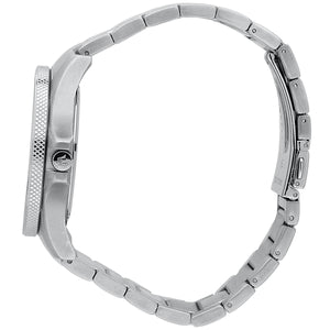 Detailed view of silver-tone textured crown on Maserati Sfida R8853140002 men's quartz battery watch with black dial