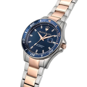 Right angled view of Maserati Sfida R8853140003 men's quartz battery watch highlighting rose gold bezel and magnified date details