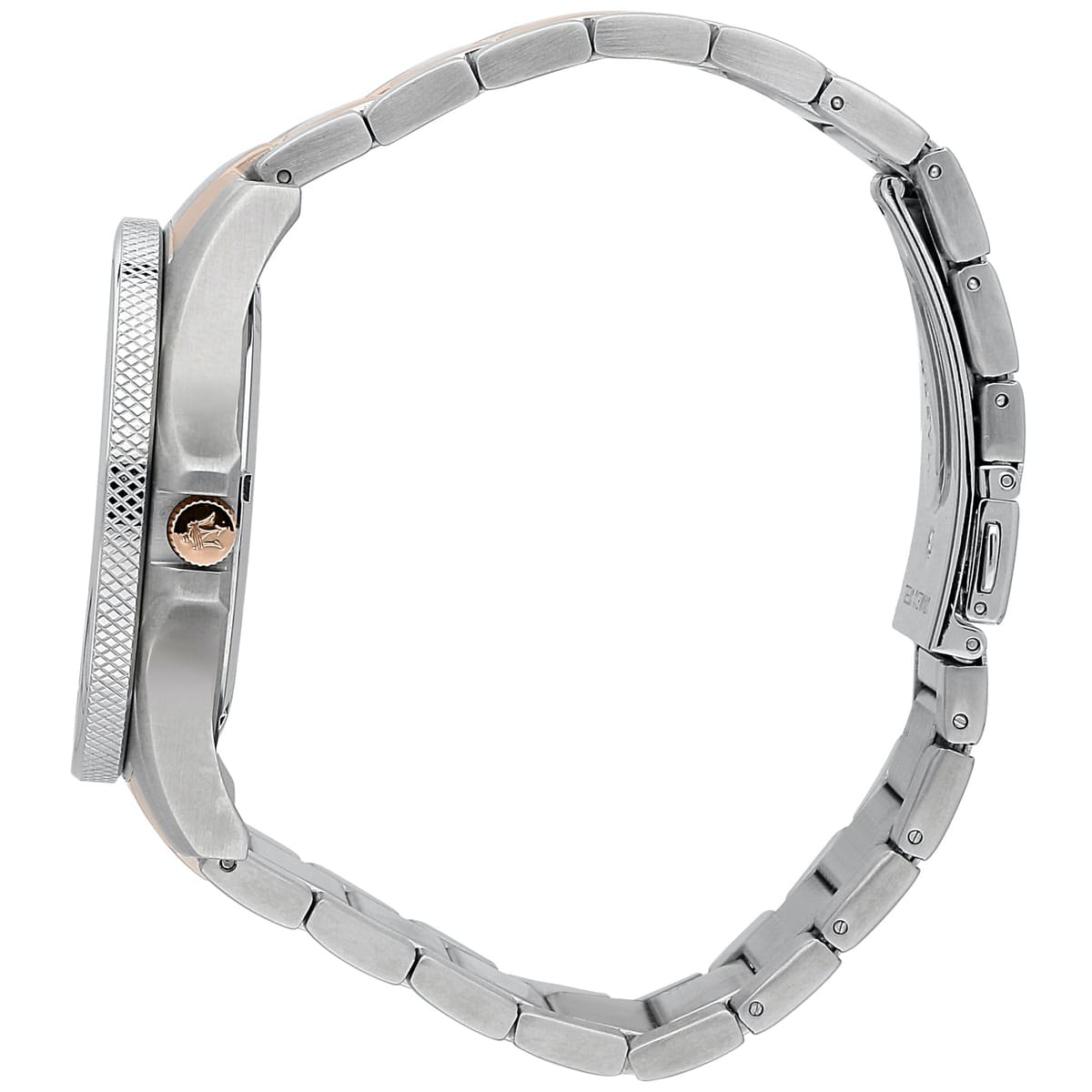 Detailed view of rose gold-tone crown on Maserati Sfida R8853140003 men's quartz battery watch with blue dial