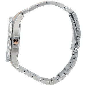 Detailed view of rose gold-tone crown on Maserati Sfida R8853140003 men's quartz battery watch with blue dial