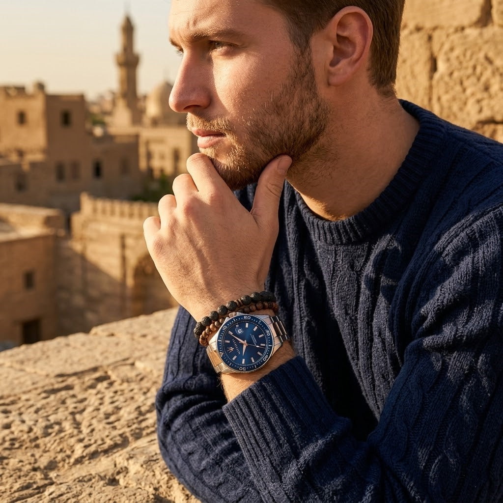 Elegant man wearing Maserati Sfida R8853140003 men's quartz battery watch with two-tone rose gold case and luxury blue dial