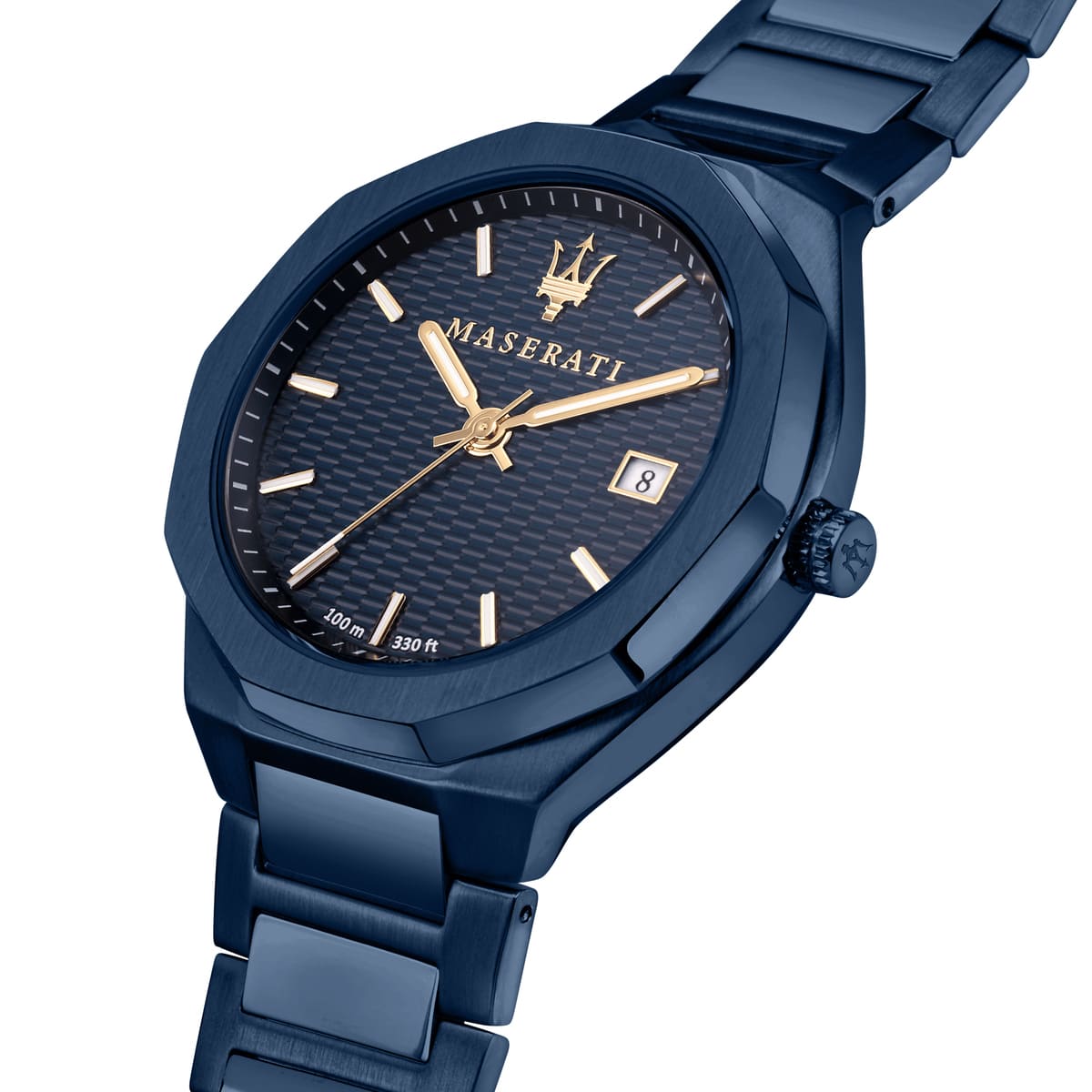 Right angled view of Maserati Stile Blue Edition R8853141001 men's quartz battery watch highlighting blue finish and octagonal bezel details