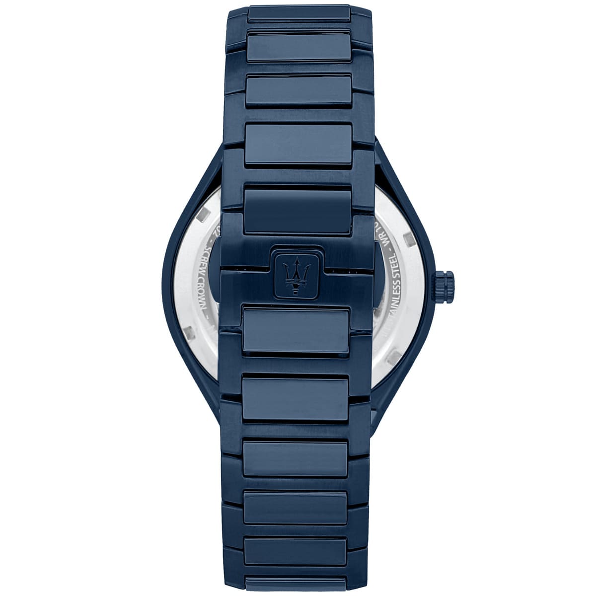 Caseback of Maserati Stile Blue Edition R8853141001 men's quartz battery watch showing technical specs 100m water resistance and metal bracelet