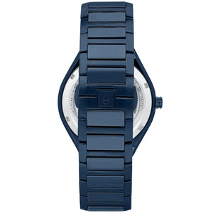Caseback of Maserati Stile Blue Edition R8853141001 men's quartz battery watch showing technical specs 100m water resistance and metal bracelet
