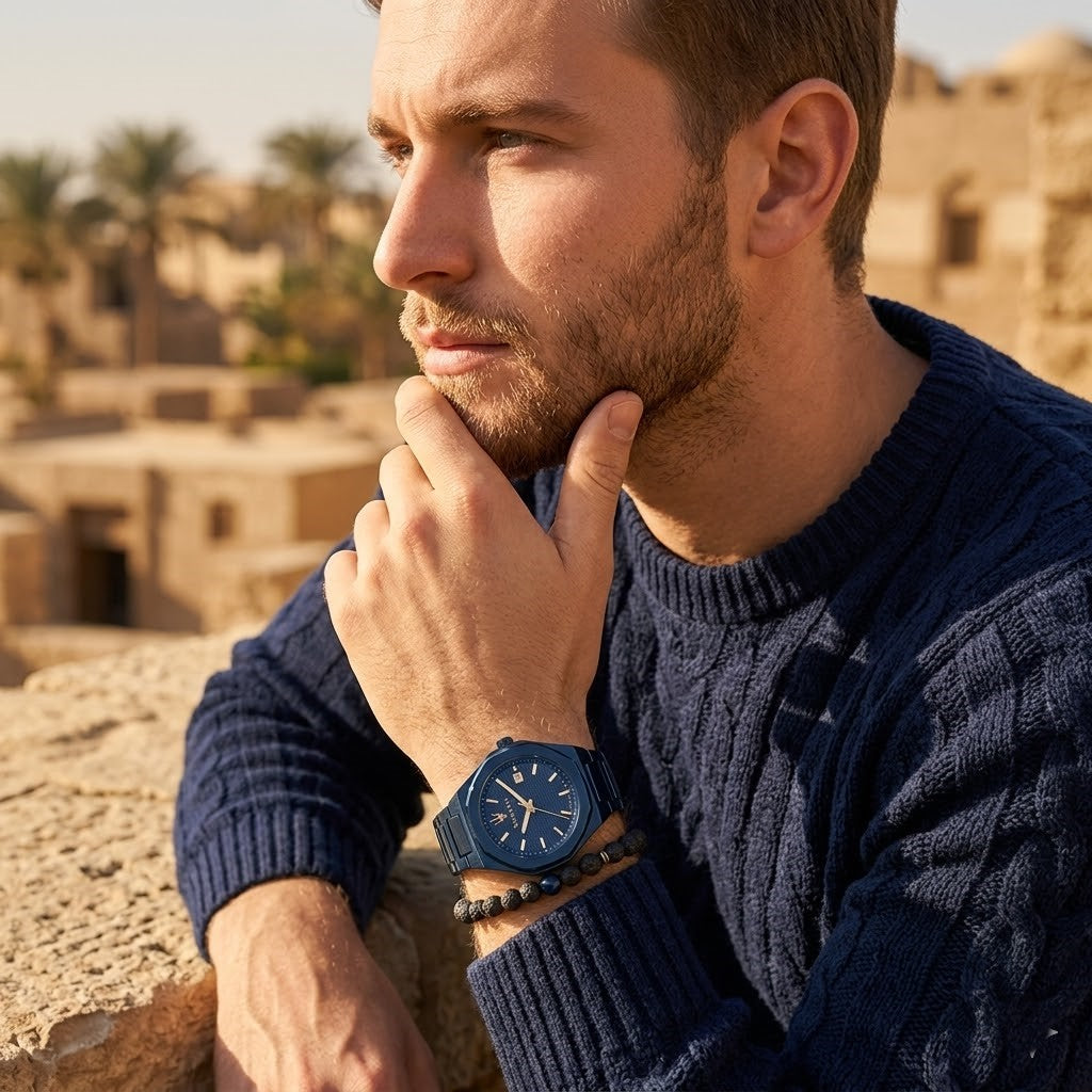 Elegant man wearing Maserati Stile Blue Edition R8853141001 men's quartz battery watch with blue case and luxury gold accented dial