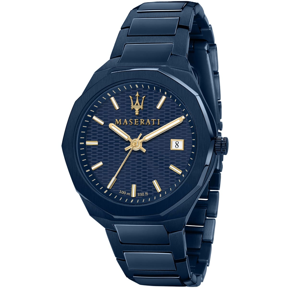 Maserati Stile Blue Edition R8853141001 men's quartz battery watch with blue waffle-textured dial, gold-tone accents, all-blue PVD case and integrated stainless steel bracelet main view