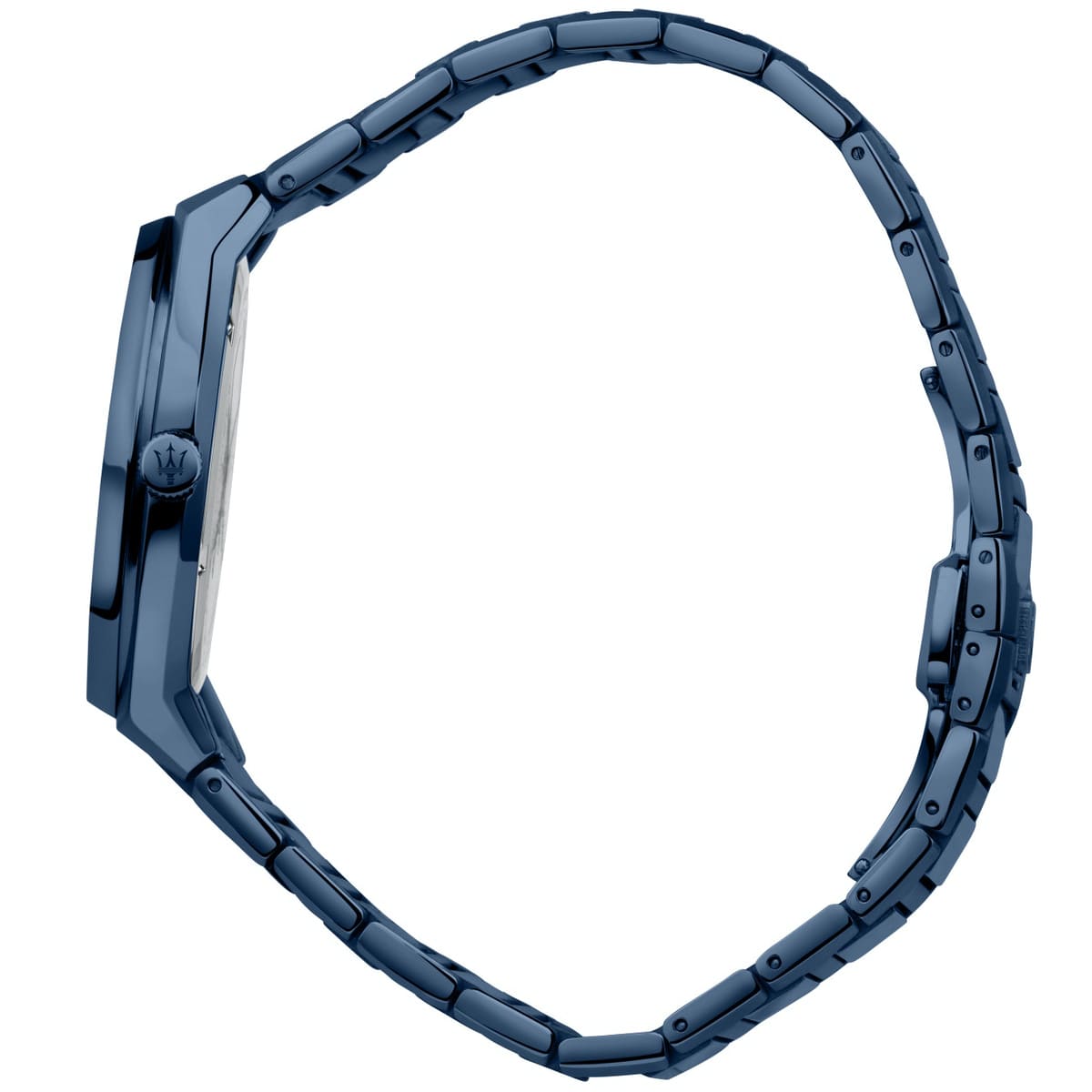 Side profile of Maserati Stile Blue Edition R8853141001 men's quartz battery watch showing 10mm thickness and blue PVD finish
