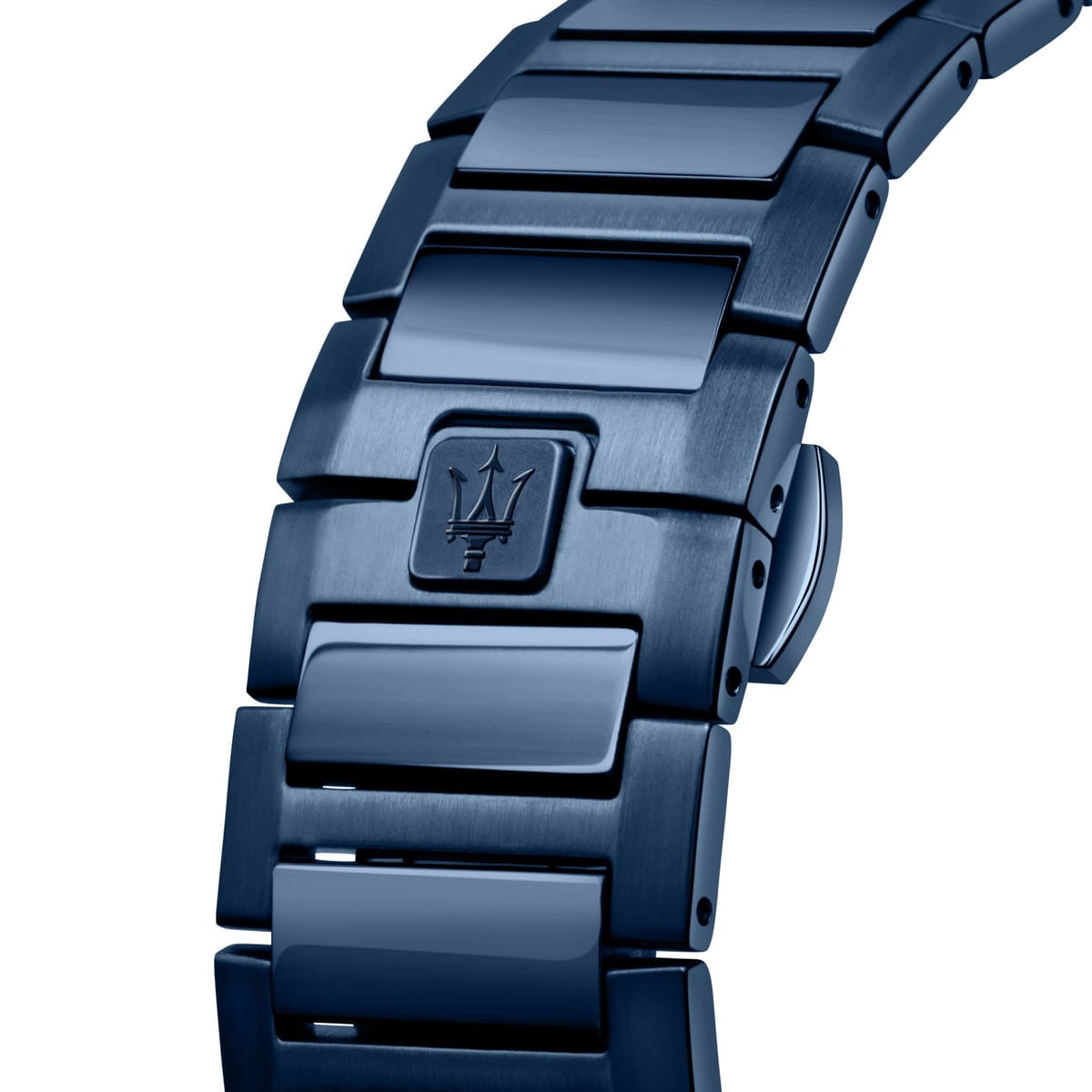 Close-up of a blue watch strap with a brand logo on a white background