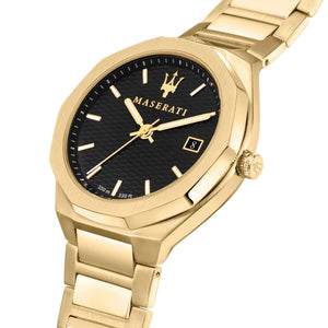 Right angled view of Maserati Stile R8853142004 men's quartz battery watch highlighting gold finish and octagonal bezel details