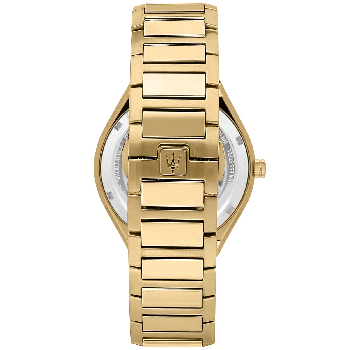 Gold-tone hidden butterfly clasp on Maserati Stile R8853142004 men's quartz battery gold integrated bracelet watch