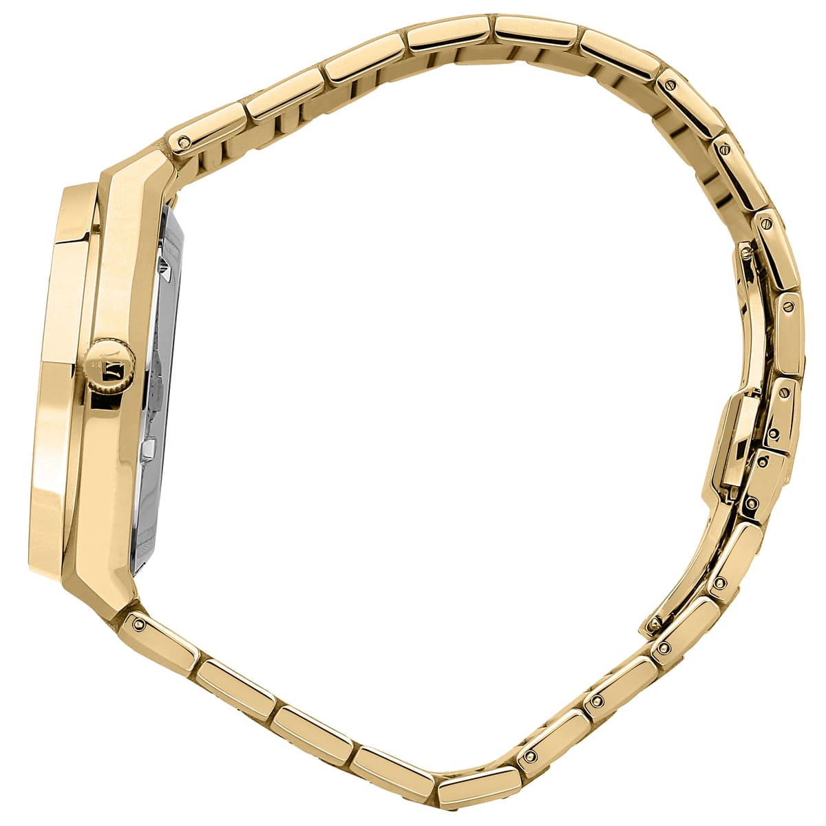 Detailed view of gold-tone textured crown on Maserati Stile R8853142004 men's quartz battery watch with black waffle dial