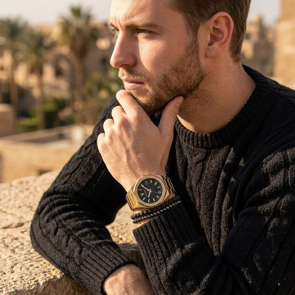 Elegant man wearing Maserati Stile R8853142004 men's quartz battery watch with gold case and luxury black dial