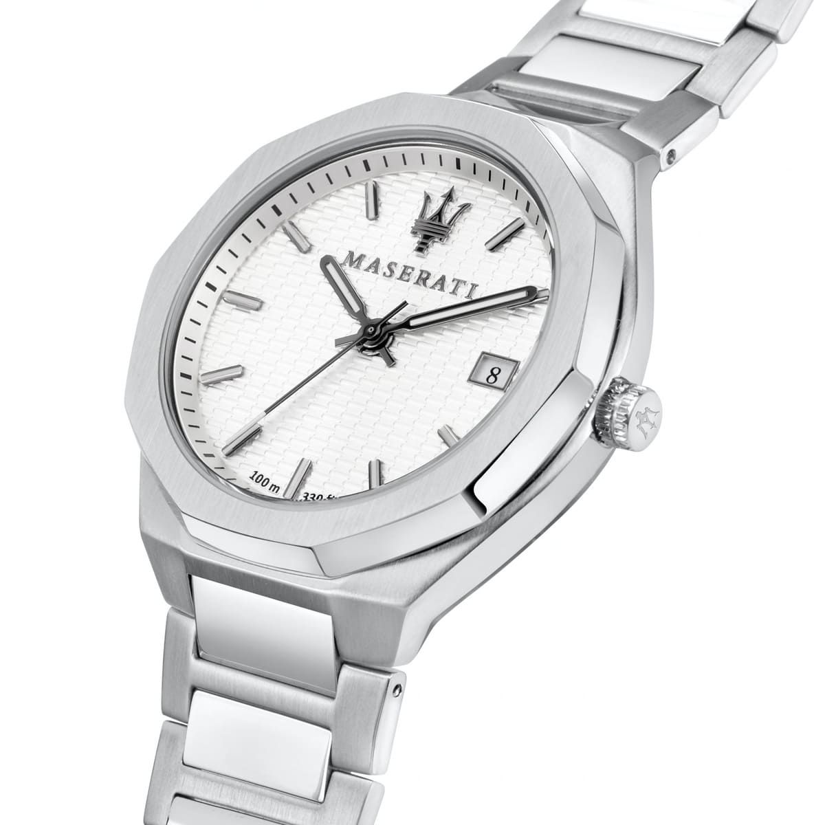 Right angled view of Maserati Stile R8853142005 men's quartz battery watch highlighting silver finish and octagonal bezel details
