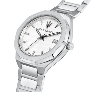 Right angled view of Maserati Stile R8853142005 men's quartz battery watch highlighting silver finish and octagonal bezel details