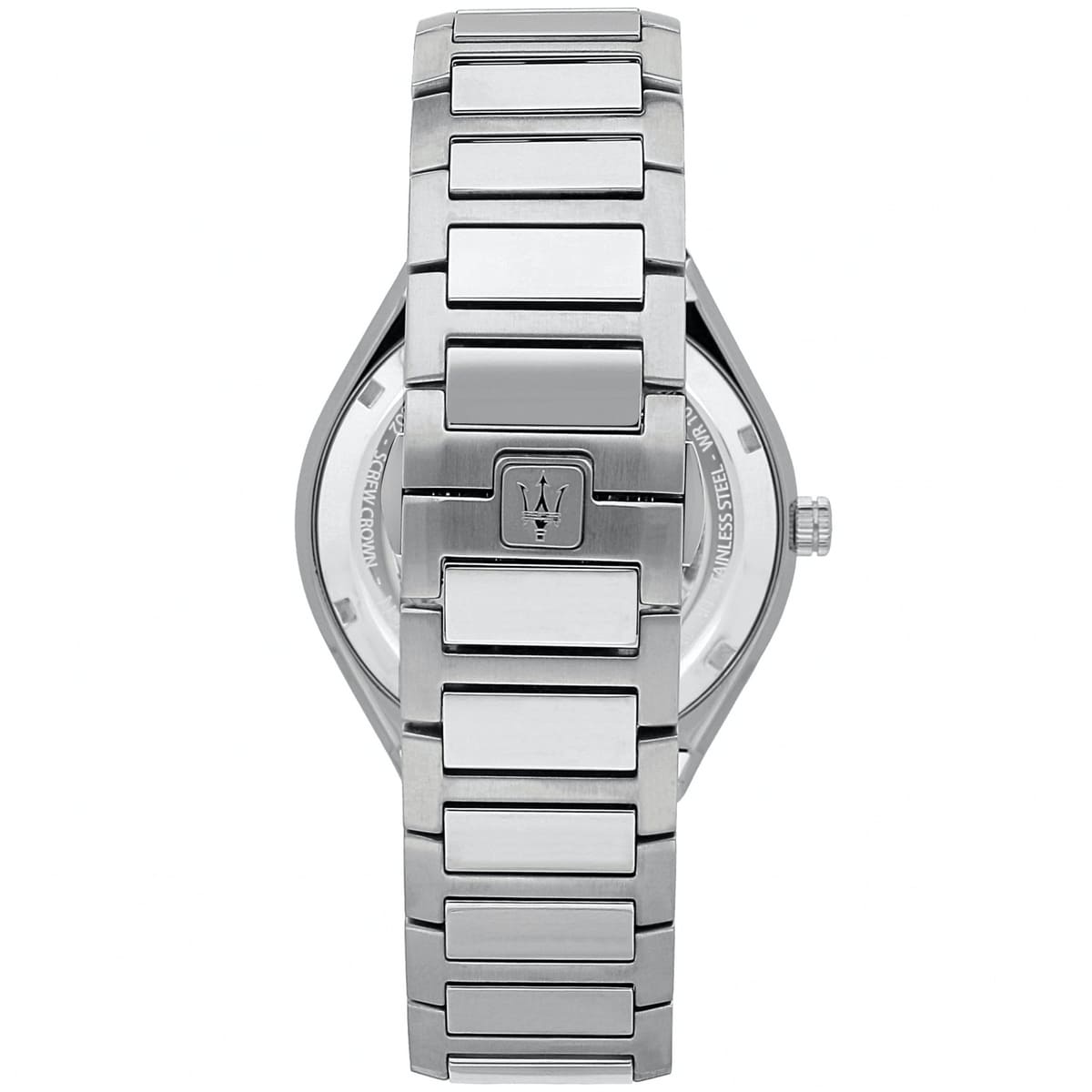 Silver-tone hidden butterfly clasp on Maserati Stile R8853142005 men's quartz battery silver integrated bracelet watch