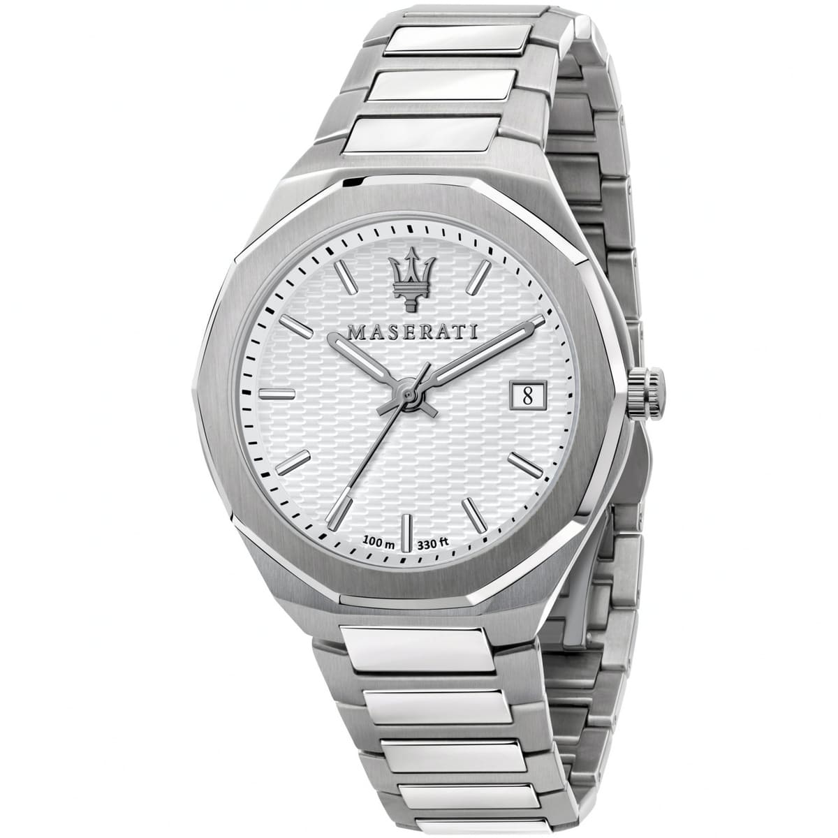 Maserati Stile R8853142005 men's quartz battery watch with silver waffle-textured dial, octagonal bezel, silver-tone case and integrated stainless steel bracelet main view