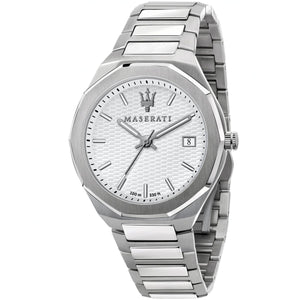 Maserati Stile R8853142005 men's quartz battery watch with silver waffle-textured dial, octagonal bezel, silver-tone case and integrated stainless steel bracelet main view