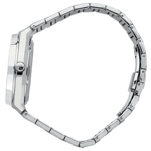 Side profile of Maserati Stile R8853142005 men's quartz battery watch showing 10mm thickness and silver finish
