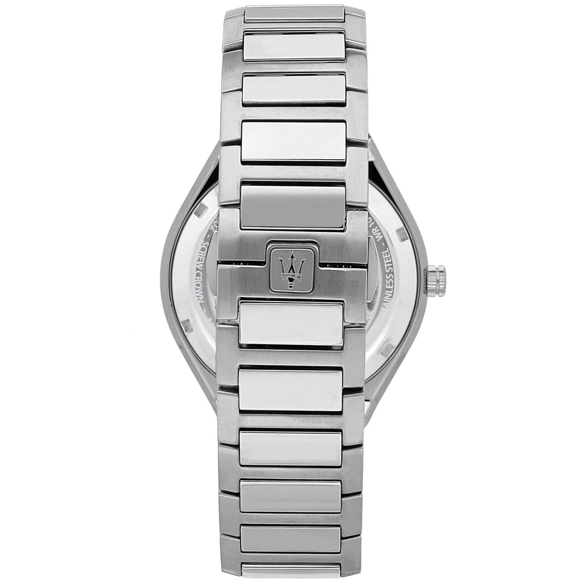 Silver-tone hidden butterfly clasp on Maserati Stile R8853142006 men's quartz battery silver integrated bracelet watch