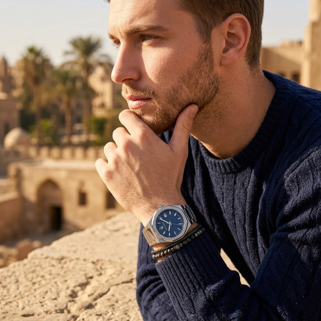Elegant man wearing Maserati Stile R8853142006 men's quartz battery watch with silver case and luxury blue dial